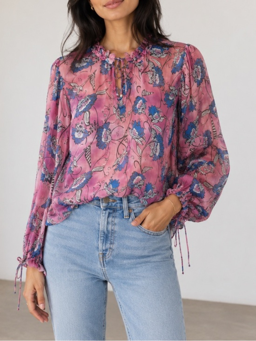Cleobella Emily Lotus Floral Peasant Pink Blue Boho Ruffle Balloon Sleeve Top